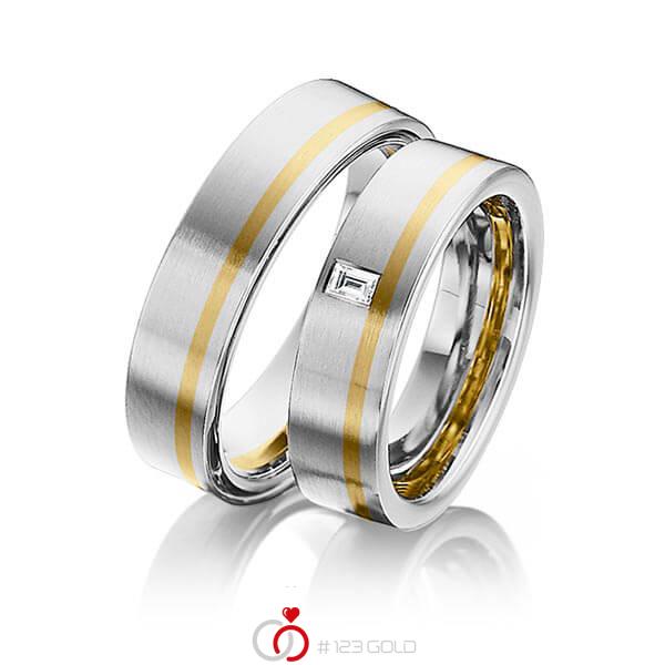 Paar bicolor Trauringe/Eheringe in Edelstahl Gelbgold 585 mit zus. 0,08 ct. Baguette-Diamant tw, vs von 123gold - Y-1300-2 Paar bicolor Trauringe/Eheringe in Edelstahl Gelbgold 585 mit zus. 0,08 ct. Baguette-Diamant tw, vs von 123gold - Y-1300-2