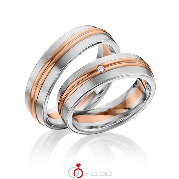 Paar bicolor Trauringe/Eheringe in Edelstahl Rotgold 585 mit zus. 0,025 ct. Brillant tw, si von 123gold - Y-1293-3 Paar bicolor Trauringe/Eheringe in Edelstahl Rotgold 585 mit zus. 0,025 ct. Brillant tw, si von 123gold - Y-1293-3