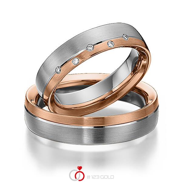 Paar bicolor Trauringe/Eheringe in Edelstahl Rotgold 585 mit zus. 0,04 ct. Brillant tw, si von 123gold - Y-1297-9 Paar bicolor Trauringe/Eheringe in Edelstahl Rotgold 585 mit zus. 0,04 ct. Brillant tw, si von 123gold - Y-1297-9