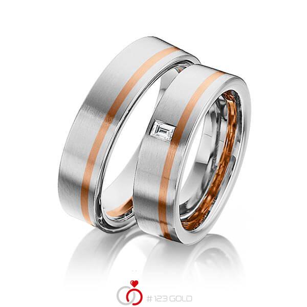 Paar bicolor Trauringe/Eheringe in Edelstahl Rotgold 585 mit zus. 0,08 ct. Baguette-Diamant tw, vs von 123gold - Y-1300-3 Paar bicolor Trauringe/Eheringe in Edelstahl Rotgold 585 mit zus. 0,08 ct. Baguette-Diamant tw, vs von 123gold - Y-1300-3