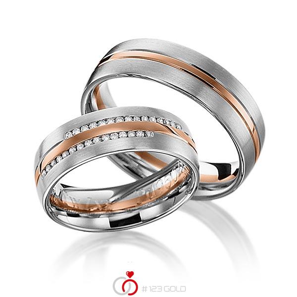 Paar bicolor Trauringe/Eheringe in Edelstahl Rotgold 585 mit zus. 0,15 ct. Brillant tw, si von 123gold - Y-1145-1 Paar bicolor Trauringe/Eheringe in Edelstahl Rotgold 585 mit zus. 0,15 ct. Brillant tw, si von 123gold - Y-1145-1