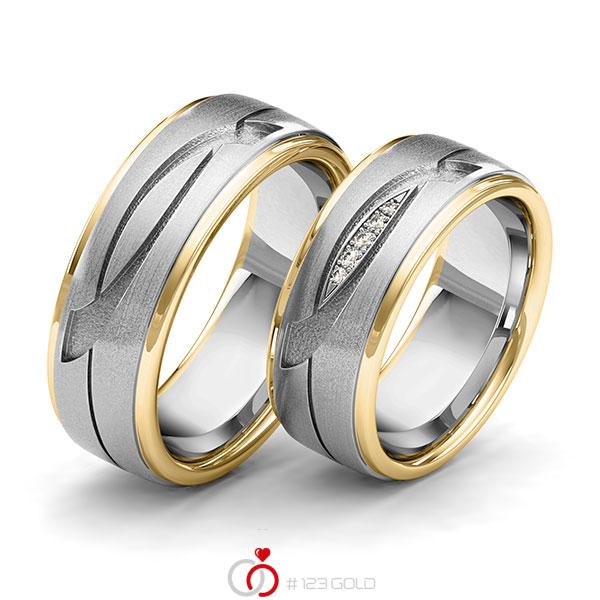 Paar bicolor Trauringe/Eheringe in Gelbgold 585 Graugold 585 Laser Struktur mit zus. 0,04 ct. Brillant tw, si von 123gold - Y-1402-1 Paar bicolor Trauringe/Eheringe in Gelbgold 585 Graugold 585 Laser Struktur mit zus. 0,04 ct. Brillant tw, si von 123gold - Y-1402-1