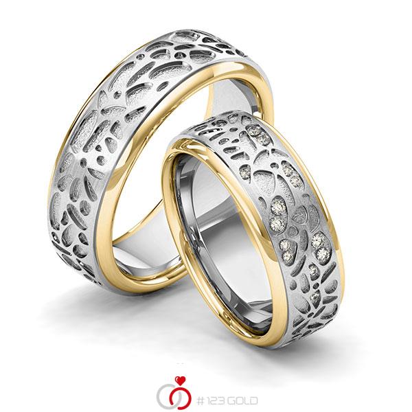 Paar bicolor Trauringe/Eheringe in Gelbgold 585 Graugold 585 Laser Struktur mit zus. 0,1 ct. Brillant tw, si von 123gold - Y-1389-1 Paar bicolor Trauringe/Eheringe in Gelbgold 585 Graugold 585 Laser Struktur mit zus. 0,1 ct. Brillant tw, si von 123gold - Y-1389-1