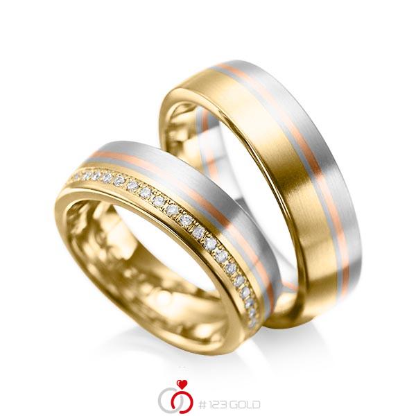 Paar bicolor Trauringe/Eheringe in Gelbgold 585 Graugold 585 Rotgold 585 mit zus. 0,216 ct. Brillant tw, si von acredo - A-1030-8 Paar bicolor Trauringe/Eheringe in Gelbgold 585 Graugold 585 Rotgold 585 mit zus. 0,216 ct. Brillant tw, si von acredo - A-1030-8