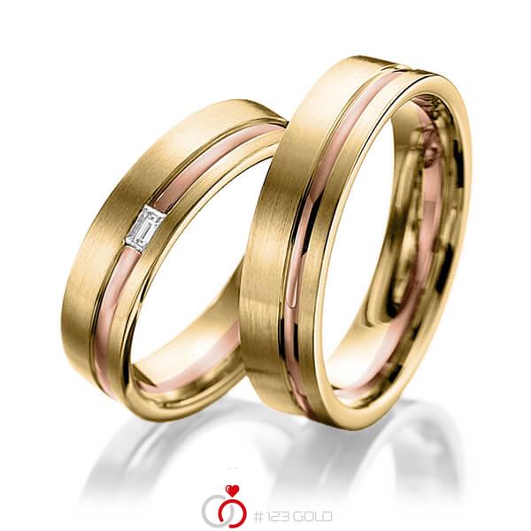 Paar bicolor Trauringe/Eheringe in Gelbgold 585 Rotgold 585 mit zus. 0,06 ct. Baguette-Diamant tw, vs von 123gold - Y-1104-17 Paar bicolor Trauringe/Eheringe in Gelbgold 585 Rotgold 585 mit zus. 0,06 ct. Baguette-Diamant tw, vs von 123gold - Y-1104-17