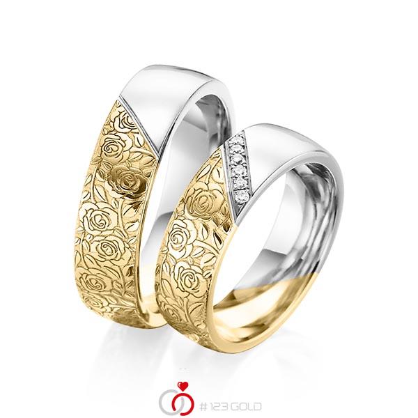 Paar bicolor Trauringe/Eheringe in Gelbgold 585 Weissgold 585 Laser Struktur mit zus. 0,06 ct. Brillant tw, si von 123gold - Y-1382-2 Paar bicolor Trauringe/Eheringe in Gelbgold 585 Weissgold 585 Laser Struktur mit zus. 0,06 ct. Brillant tw, si von 123gold - Y-1382-2