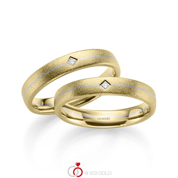 Paar bicolor Trauringe/Eheringe in Gelbgold 585 Weissgold 585 mit zus. 0,05 ct. Prinzess-Diamant tw, si von acredo - A-2184-2 Paar bicolor Trauringe/Eheringe in Gelbgold 585 Weissgold 585 mit zus. 0,05 ct. Prinzess-Diamant tw, si von acredo - A-2184-2