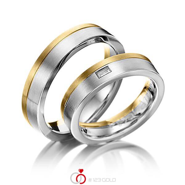 Paar bicolor Trauringe/Eheringe in Gelbgold 585 Weissgold 585 mit zus. 0,06 ct. Baguette-Diamant tw, vs von 123gold - Y-1034-2 Paar bicolor Trauringe/Eheringe in Gelbgold 585 Weissgold 585 mit zus. 0,06 ct. Baguette-Diamant tw, vs von 123gold - Y-1034-2