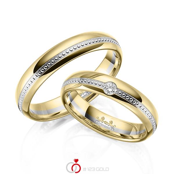Paar bicolor Trauringe/Eheringe in Gelbgold 585 Weißgold 585 mit zus. 0,06 ct. Brillant tw, si von Steinberg - Q-1649-1 Paar bicolor Trauringe/Eheringe in Gelbgold 585 Weißgold 585 mit zus. 0,06 ct. Brillant tw, si von Steinberg - Q-1649-1