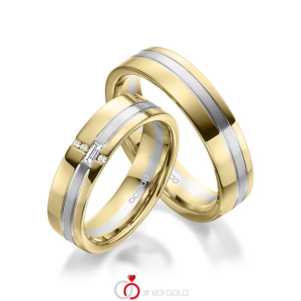Paar bicolor Trauringe/Eheringe in Gelbgold 585 Weissgold 585 mit zus. 0,074 ct. Baguette-Diamant & Brillant tw, vs tw, si von acredo - A-1947-2 Paar bicolor Trauringe/Eheringe in Gelbgold 585 Weissgold 585 mit zus. 0,074 ct. Baguette-Diamant & Brillant tw, vs tw, si von acredo - A-1947-2