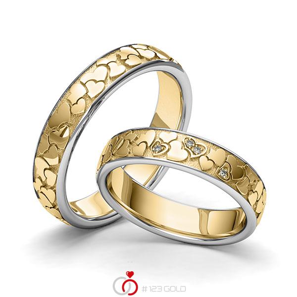 Paar bicolor Trauringe/Eheringe in Graugold 585 Gelbgold 585 Herz mit zus. 0,02 ct. Brillant tw, si von 123gold - Y-1416-7 Paar bicolor Trauringe/Eheringe in Graugold 585 Gelbgold 585 Herz mit zus. 0,02 ct. Brillant tw, si von 123gold - Y-1416-7