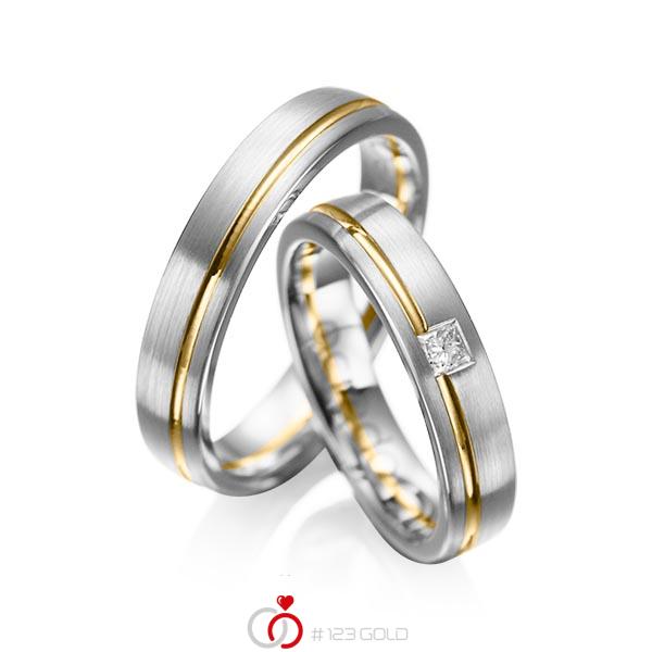 Paar bicolor Trauringe/Eheringe in Graugold 585 Gelbgold 585 mit zus. 0,08 ct. Prinzess-Diamant tw, si von acredo - A-1018-6 Paar bicolor Trauringe/Eheringe in Graugold 585 Gelbgold 585 mit zus. 0,08 ct. Prinzess-Diamant tw, si von acredo - A-1018-6