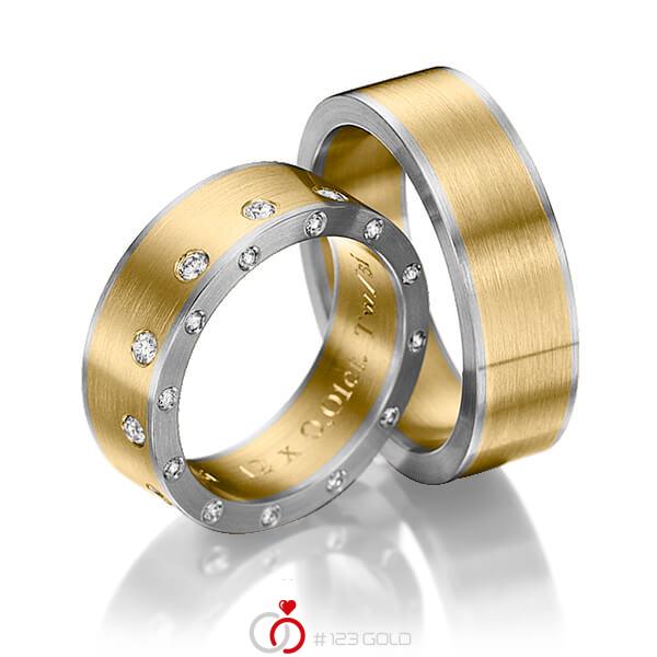 Paar bicolor Trauringe/Eheringe in Graugold 585 Gelbgold 585 mit zus. 0,48 ct. Brillant tw, si von 123gold - Y-1147-13 Paar bicolor Trauringe/Eheringe in Graugold 585 Gelbgold 585 mit zus. 0,48 ct. Brillant tw, si von 123gold - Y-1147-13