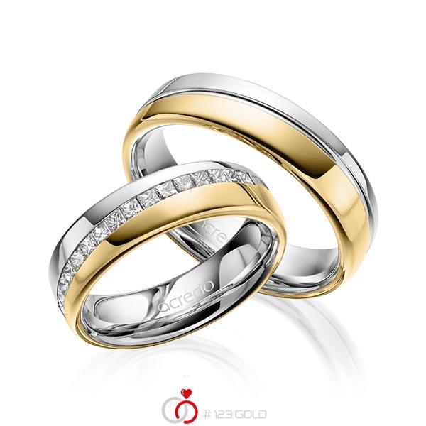 Paar bicolor Trauringe/Eheringe in Graugold 585 Gelbgold 585 mit zus. 0,48 ct. Prinzess-Diamant tw, vs von acredo - A-1627-11 Paar bicolor Trauringe/Eheringe in Graugold 585 Gelbgold 585 mit zus. 0,48 ct. Prinzess-Diamant tw, vs von acredo - A-1627-11