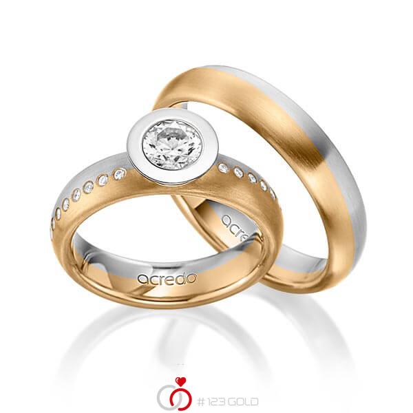 Paar bicolor Trauringe/Eheringe in Graugold 585 Roségold 585 mit 0,4 ct. + zus. 0,175 ct. Brillant tw, vs tw, si von acredo - A-1538-10 Paar bicolor Trauringe/Eheringe in Graugold 585 Roségold 585 mit 0,4 ct. + zus. 0,175 ct. Brillant tw, vs tw, si von acredo - A-1538-10