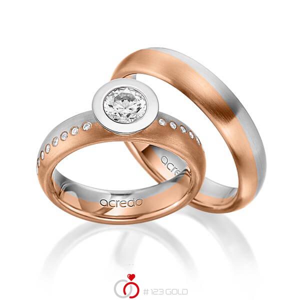 Paar bicolor Trauringe/Eheringe in Graugold 585 Rotgold 585 mit 0,4 ct. + zus. 0,175 ct. Brillant tw, vs tw, si von acredo - A-1538-11 Paar bicolor Trauringe/Eheringe in Graugold 585 Rotgold 585 mit 0,4 ct. + zus. 0,175 ct. Brillant tw, vs tw, si von acredo - A-1538-11