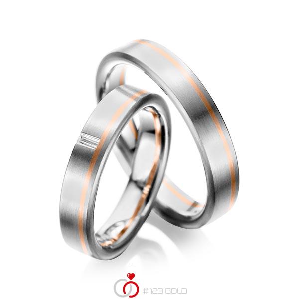 Paar bicolor Trauringe/Eheringe in Graugold 585 Rotgold 585 mit zus. 0,05 ct. Baguette-Diamant tw, vs von acredo - A-1022-3 Paar bicolor Trauringe/Eheringe in Graugold 585 Rotgold 585 mit zus. 0,05 ct. Baguette-Diamant tw, vs von acredo - A-1022-3