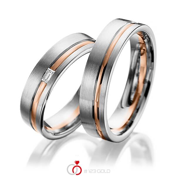 Paar bicolor Trauringe/Eheringe in Graugold 585 Rotgold 585 mit zus. 0,06 ct. Baguette-Diamant tw, vs von 123gold - Y-1104-12 Paar bicolor Trauringe/Eheringe in Graugold 585 Rotgold 585 mit zus. 0,06 ct. Baguette-Diamant tw, vs von 123gold - Y-1104-12