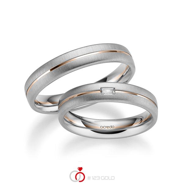 Paar bicolor Trauringe/Eheringe in Graugold 585 Rotgold 585 mit zus. 0,06 ct. Baguette-Diamant tw, vs von acredo - A-1019-16 Paar bicolor Trauringe/Eheringe in Graugold 585 Rotgold 585 mit zus. 0,06 ct. Baguette-Diamant tw, vs von acredo - A-1019-16