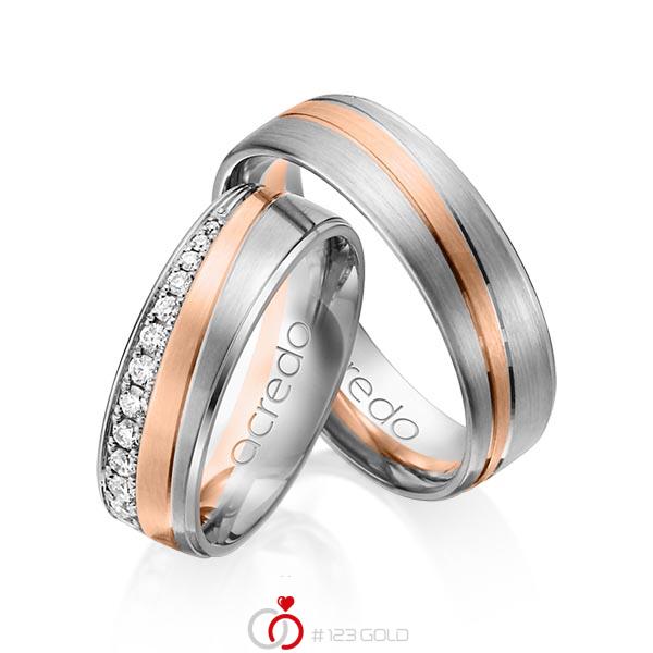 Paar bicolor Trauringe/Eheringe in Graugold 585 Rotgold 585 mit zus. 0,406 ct. Brillant tw, si von acredo - A-1152-8 Paar bicolor Trauringe/Eheringe in Graugold 585 Rotgold 585 mit zus. 0,406 ct. Brillant tw, si von acredo - A-1152-8