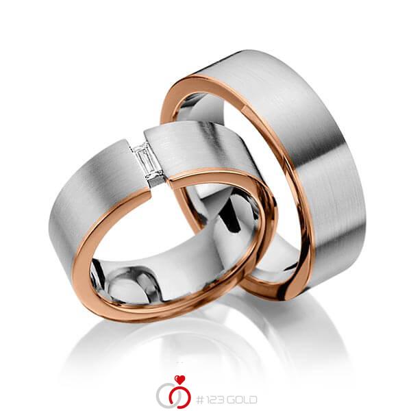 Paar bicolor Trauringe/Eheringe in Graugold dunkel 585 Rotgold 585 mit zus. 0,1 ct. Baguette-Diamant tw, vs von 123gold - Y-1264-3 Paar bicolor Trauringe/Eheringe in Graugold dunkel 585 Rotgold 585 mit zus. 0,1 ct. Baguette-Diamant tw, vs von 123gold - Y-1264-3
