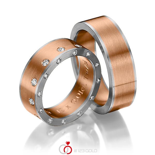 Paar bicolor Trauringe/Eheringe in Graugold dunkel 585 Rotgold 585 mit zus. 0,48 ct. Brillant tw, si von 123gold - Y-1147-11 Paar bicolor Trauringe/Eheringe in Graugold dunkel 585 Rotgold 585 mit zus. 0,48 ct. Brillant tw, si von 123gold - Y-1147-11