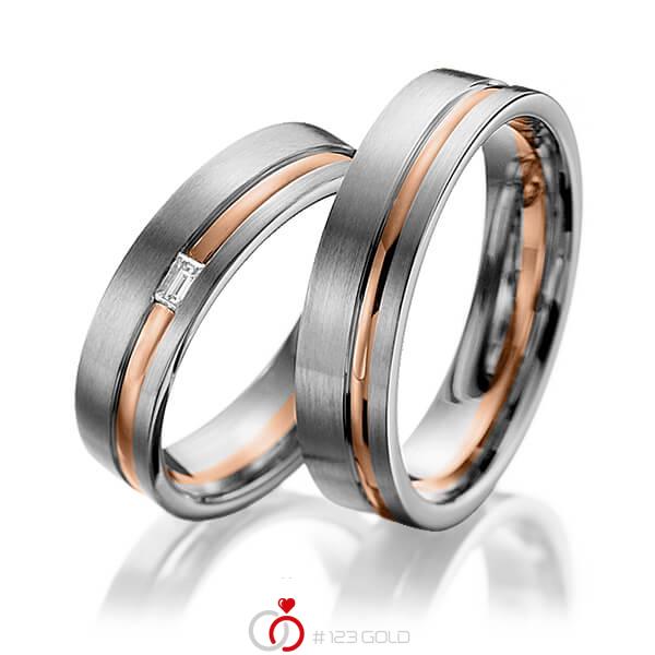 Paar bicolor Trauringe/Eheringe in Palladium 500 Rotgold 585 mit zus. 0,06 ct. Baguette-Diamant tw, vs von 123gold - Y-1104-1 Paar bicolor Trauringe/Eheringe in Palladium 500 Rotgold 585 mit zus. 0,06 ct. Baguette-Diamant tw, vs von 123gold - Y-1104-1