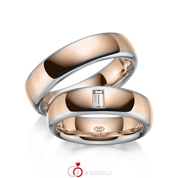 Paar bicolor Trauringe/Eheringe in Platin 600 Rotgold 585 mit zus. 0,15 ct. Baguette-Diamant tw, vs von 123gold - Y-1444-3 Paar bicolor Trauringe/Eheringe in Platin 600 Rotgold 585 mit zus. 0,15 ct. Baguette-Diamant tw, vs von 123gold - Y-1444-3