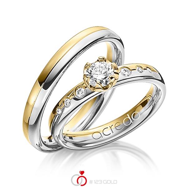 Paar bicolor Trauringe/Eheringe in Platin 950 Gelbgold 750 mit 0,4 ct. + zus. 0,1 ct. Brillant tw, vs von acredo - A-1204-1 Paar bicolor Trauringe/Eheringe in Platin 950 Gelbgold 750 mit 0,4 ct. + zus. 0,1 ct. Brillant tw, vs von acredo - A-1204-1
