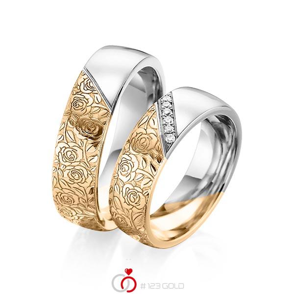 Paar bicolor Trauringe/Eheringe in Roségold 585 Graugold 585 Laser Struktur mit zus. 0,06 ct. Brillant tw, si von 123gold - Y-1382-9 Paar bicolor Trauringe/Eheringe in Roségold 585 Graugold 585 Laser Struktur mit zus. 0,06 ct. Brillant tw, si von 123gold - Y-1382-9