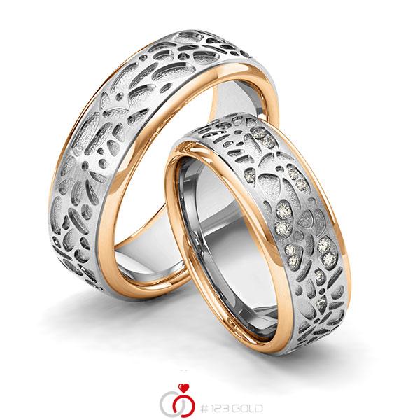 Paar bicolor Trauringe/Eheringe in Roségold 585 Graugold 585 Laser Struktur mit zus. 0,1 ct. Brillant tw, si von 123gold - Y-1389-2 Paar bicolor Trauringe/Eheringe in Roségold 585 Graugold 585 Laser Struktur mit zus. 0,1 ct. Brillant tw, si von 123gold - Y-1389-2