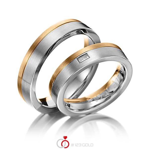 Paar bicolor Trauringe/Eheringe in Roségold 585 Graugold 585 mit zus. 0,06 ct. Baguette-Diamant tw, vs von 123gold - Y-1034-7 Paar bicolor Trauringe/Eheringe in Roségold 585 Graugold 585 mit zus. 0,06 ct. Baguette-Diamant tw, vs von 123gold - Y-1034-7