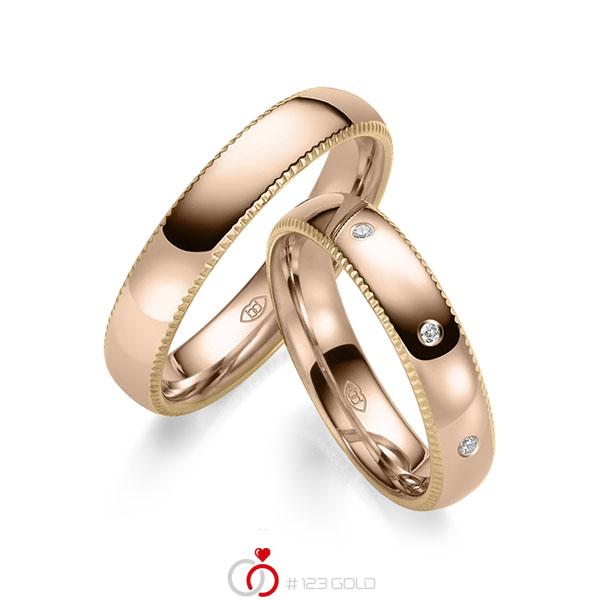 Paar bicolor Trauringe/Eheringe in Roségold 585 Rotgold 585 mit zus. 0,08 ct. Brillant tw, si - UQ-1025-6 Paar bicolor Trauringe/Eheringe in Roségold 585 Rotgold 585 mit zus. 0,08 ct. Brillant tw, si - UQ-1025-6