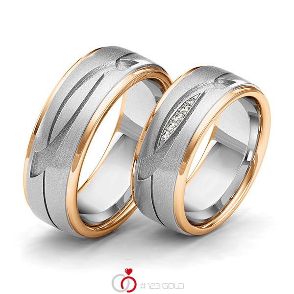 Paar bicolor Trauringe/Eheringe in Roségold 585 Weissgold 585 Laser Struktur mit zus. 0,04 ct. Brillant tw, si von 123gold - Y-1402-9 Paar bicolor Trauringe/Eheringe in Roségold 585 Weissgold 585 Laser Struktur mit zus. 0,04 ct. Brillant tw, si von 123gold - Y-1402-9