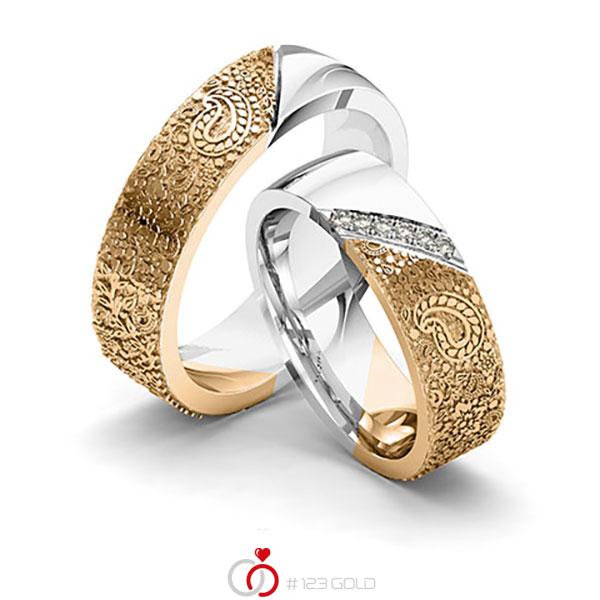 Paar bicolor Trauringe/Eheringe in Roségold 585 Weissgold 585 Laser Struktur mit zus. 0,06 ct. Brillant tw, si von 123gold - Y-1387-3 Paar bicolor Trauringe/Eheringe in Roségold 585 Weissgold 585 Laser Struktur mit zus. 0,06 ct. Brillant tw, si von 123gold - Y-1387-3