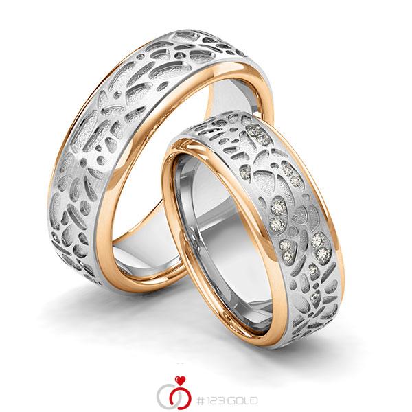 Paar bicolor Trauringe/Eheringe in Roségold 585 Weissgold 585 Laser Struktur mit zus. 0,1 ct. Brillant tw, si von 123gold - Y-1389-9 Paar bicolor Trauringe/Eheringe in Roségold 585 Weissgold 585 Laser Struktur mit zus. 0,1 ct. Brillant tw, si von 123gold - Y-1389-9