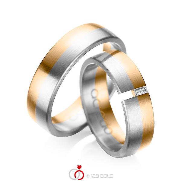 Paar bicolor Trauringe/Eheringe in Roségold 585 Weißgold 585 mit zus. 0,05 ct. Baguette-Diamant tw, vs von acredo - A-1035-5 Paar bicolor Trauringe/Eheringe in Roségold 585 Weißgold 585 mit zus. 0,05 ct. Baguette-Diamant tw, vs von acredo - A-1035-5