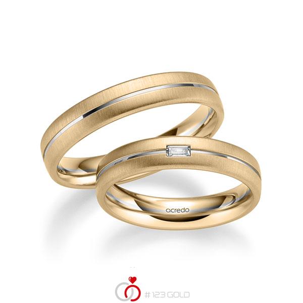 Paar bicolor Trauringe/Eheringe in Roségold 585 Weißgold 585 mit zus. 0,06 ct. Baguette-Diamant tw, vs von acredo - A-1019-14 Paar bicolor Trauringe/Eheringe in Roségold 585 Weißgold 585 mit zus. 0,06 ct. Baguette-Diamant tw, vs von acredo - A-1019-14