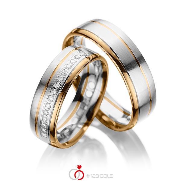Paar bicolor Trauringe/Eheringe in Roségold 585 Weissgold 585 mit zus. 0,15 ct. Brillant tw, si von acredo - A-1034-8 Paar bicolor Trauringe/Eheringe in Roségold 585 Weissgold 585 mit zus. 0,15 ct. Brillant tw, si von acredo - A-1034-8