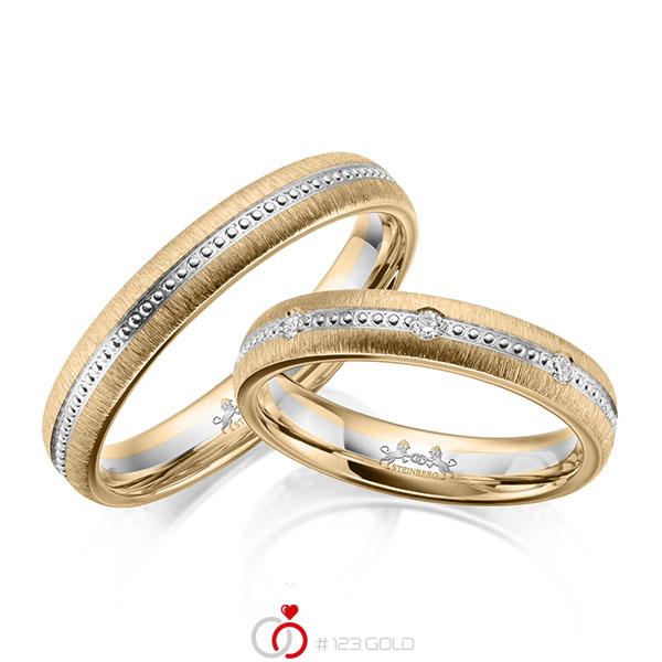 Paar bicolor Trauringe/Eheringe in Roségold 585 Weißgold 585 mit zus. 0,16 ct. Brillant tw, si von Steinberg - Q-1647-3 Paar bicolor Trauringe/Eheringe in Roségold 585 Weißgold 585 mit zus. 0,16 ct. Brillant tw, si von Steinberg - Q-1647-3
