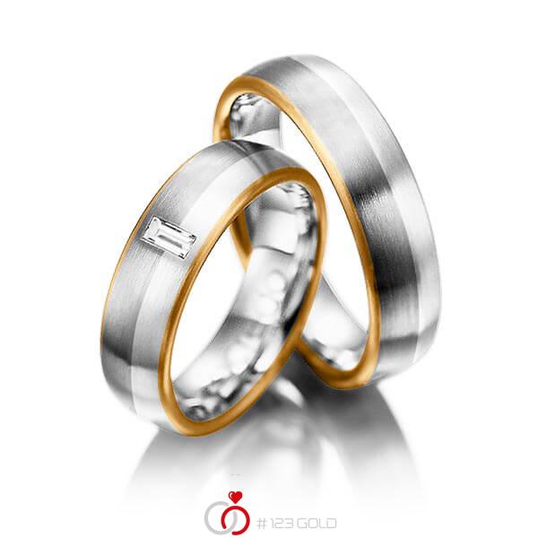 Paar bicolor Trauringe/Eheringe in Roségold 750 Graugold 750 Platin 950 mit zus. 0,1 ct. Baguette-Diamant tw, vs von acredo - A-1002-9 Paar bicolor Trauringe/Eheringe in Roségold 750 Graugold 750 Platin 950 mit zus. 0,1 ct. Baguette-Diamant tw, vs von acredo - A-1002-9