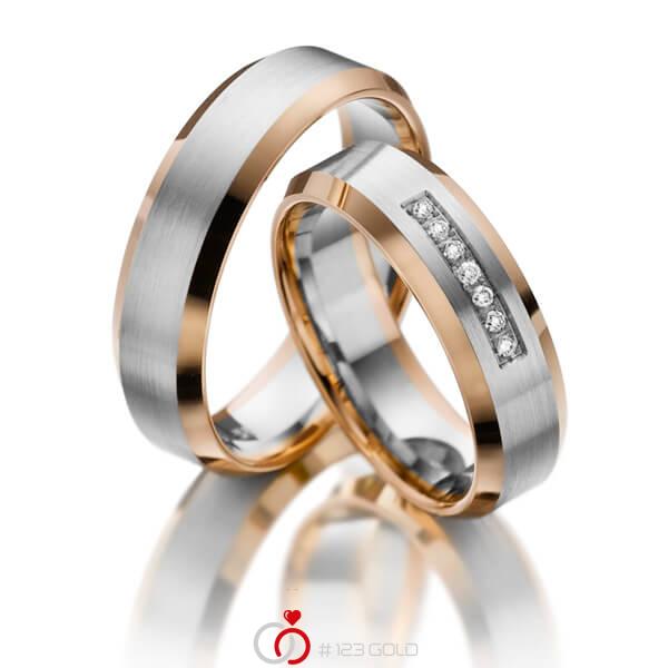 Paar bicolor Trauringe/Eheringe in Rotgold 375 Weißgold 375 mit zus. 0,07 ct. Brillant tw, si - NP-1052-1 Paar bicolor Trauringe/Eheringe in Rotgold 375 Weißgold 375 mit zus. 0,07 ct. Brillant tw, si - NP-1052-1