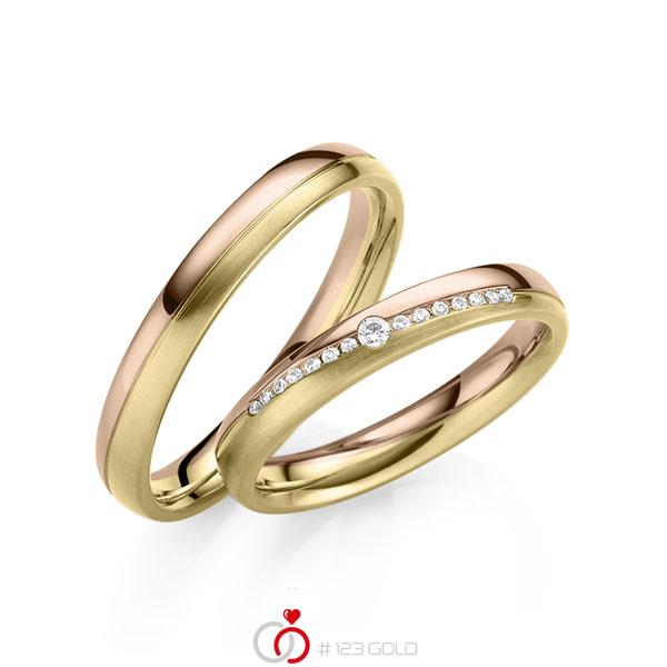 Paar bicolor Trauringe/Eheringe in Rotgold 585 Gelbgold 585 mit zus. 0,095 ct. Brillant tw, vs von 123gold - Y-1418-5 Paar bicolor Trauringe/Eheringe in Rotgold 585 Gelbgold 585 mit zus. 0,095 ct. Brillant tw, vs von 123gold - Y-1418-5