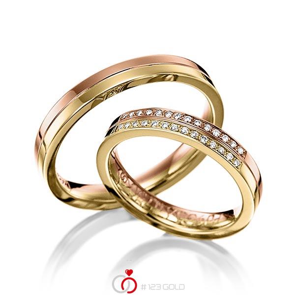 Paar bicolor Trauringe/Eheringe in Rotgold 585 Gelbgold 585 mit zus. 0,14 ct. Brillant tw, si von 123gold - Y-1028-17 Paar bicolor Trauringe/Eheringe in Rotgold 585 Gelbgold 585 mit zus. 0,14 ct. Brillant tw, si von 123gold - Y-1028-17