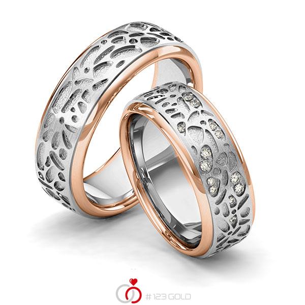 Paar bicolor Trauringe/Eheringe in Rotgold 585 Graugold 585 Laser Struktur mit zus. 0,1 ct. Brillant tw, si von 123gold - Y-1389-3 Paar bicolor Trauringe/Eheringe in Rotgold 585 Graugold 585 Laser Struktur mit zus. 0,1 ct. Brillant tw, si von 123gold - Y-1389-3