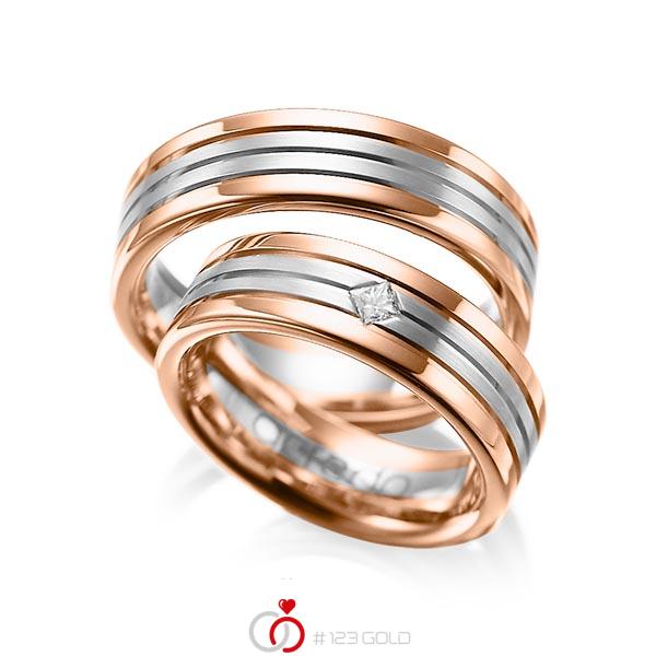 Paar bicolor Trauringe/Eheringe in Rotgold 585 Graugold 585 mit zus. 0,08 ct. Prinzess-Diamant tw, si von acredo - A-1023-3 Paar bicolor Trauringe/Eheringe in Rotgold 585 Graugold 585 mit zus. 0,08 ct. Prinzess-Diamant tw, si von acredo - A-1023-3