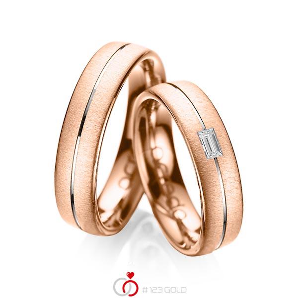 Paar bicolor Trauringe/Eheringe in Rotgold 585 Graugold 585 mit zus. 0,12 ct. Baguette-Diamant tw, vs von acredo - A-1019-2 Paar bicolor Trauringe/Eheringe in Rotgold 585 Graugold 585 mit zus. 0,12 ct. Baguette-Diamant tw, vs von acredo - A-1019-2