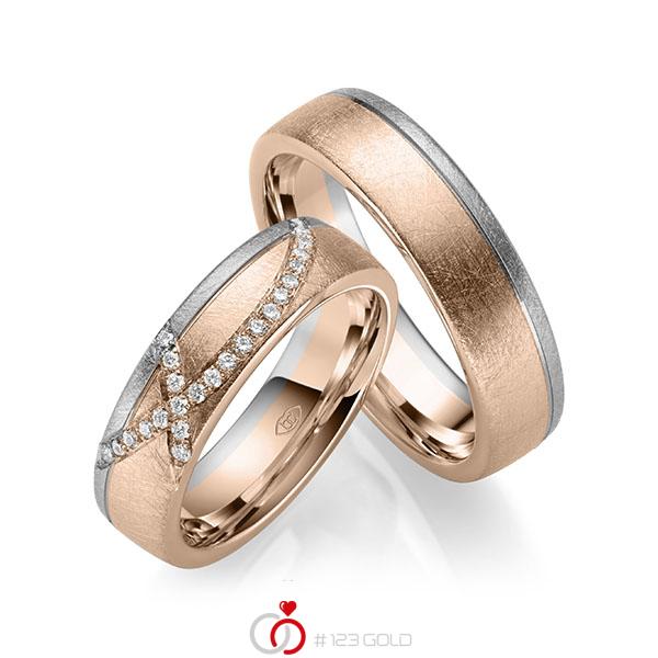Paar bicolor Trauringe/Eheringe in Rotgold 585 Graugold 585 mit zus. 0,168 ct. Brillant tw, si - UQ-1050-2 Paar bicolor Trauringe/Eheringe in Rotgold 585 Graugold 585 mit zus. 0,168 ct. Brillant tw, si - UQ-1050-2