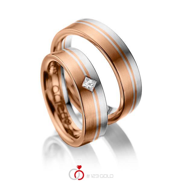 Paar bicolor Trauringe/Eheringe in Rotgold 585 Graugold 585 mit zus. 0,1 ct. Prinzess-Diamant tw, si von acredo - A-1020-9 Paar bicolor Trauringe/Eheringe in Rotgold 585 Graugold 585 mit zus. 0,1 ct. Prinzess-Diamant tw, si von acredo - A-1020-9