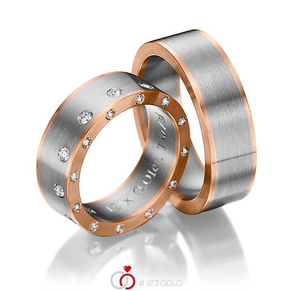 Paar bicolor Trauringe/Eheringe in Rotgold 585 Graugold 585 mit zus. 0,48 ct. Brillant tw, si von 123gold - Y-1147-3 Paar bicolor Trauringe/Eheringe in Rotgold 585 Graugold 585 mit zus. 0,48 ct. Brillant tw, si von 123gold - Y-1147-3